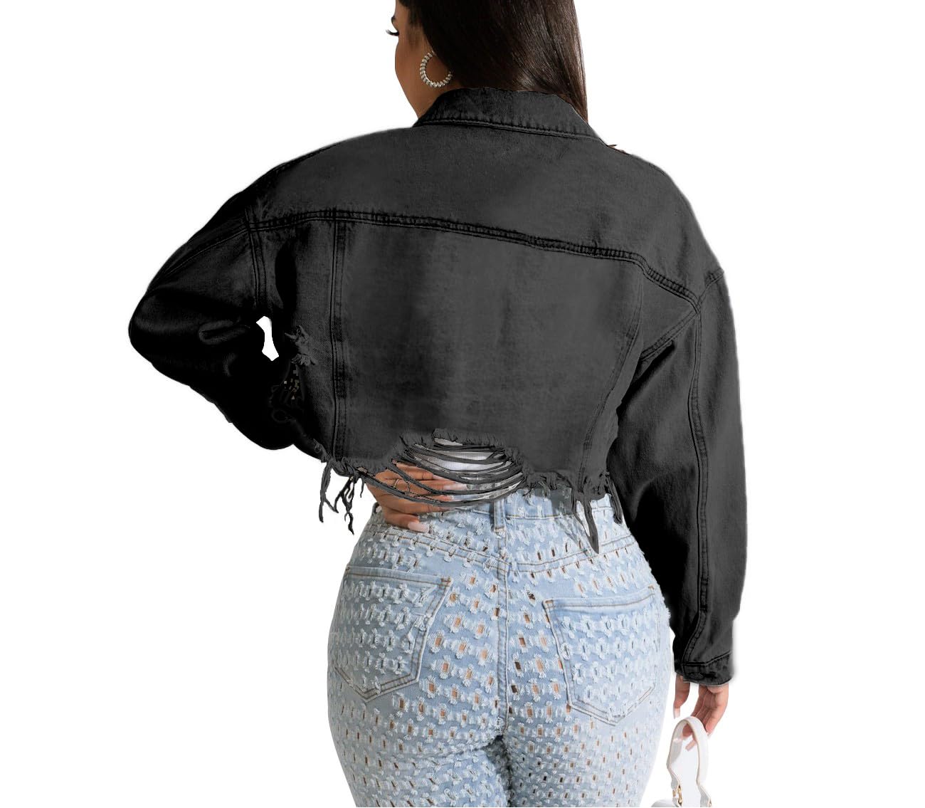 HTD Women's Cropped Jean Jacket Button Up Long Sleeve Ripped Distressed Denim Jacket Frayed Hem