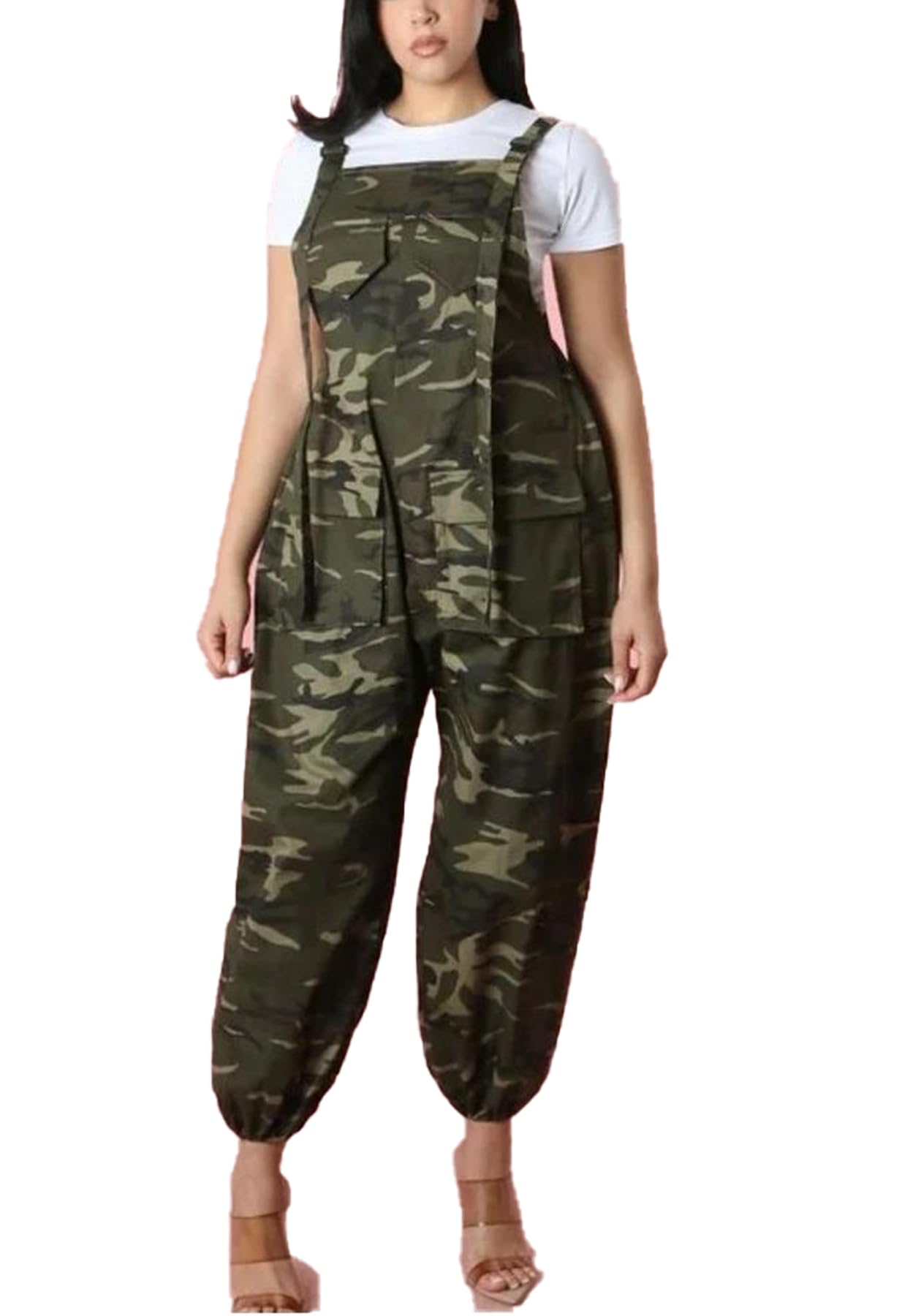 LETSVDO Women's Casual Camo Jumpsuit Cargo Demin Plus Size Camouflage Sleeveless Wide Leg Baggy Bib Jean Overalls Romper