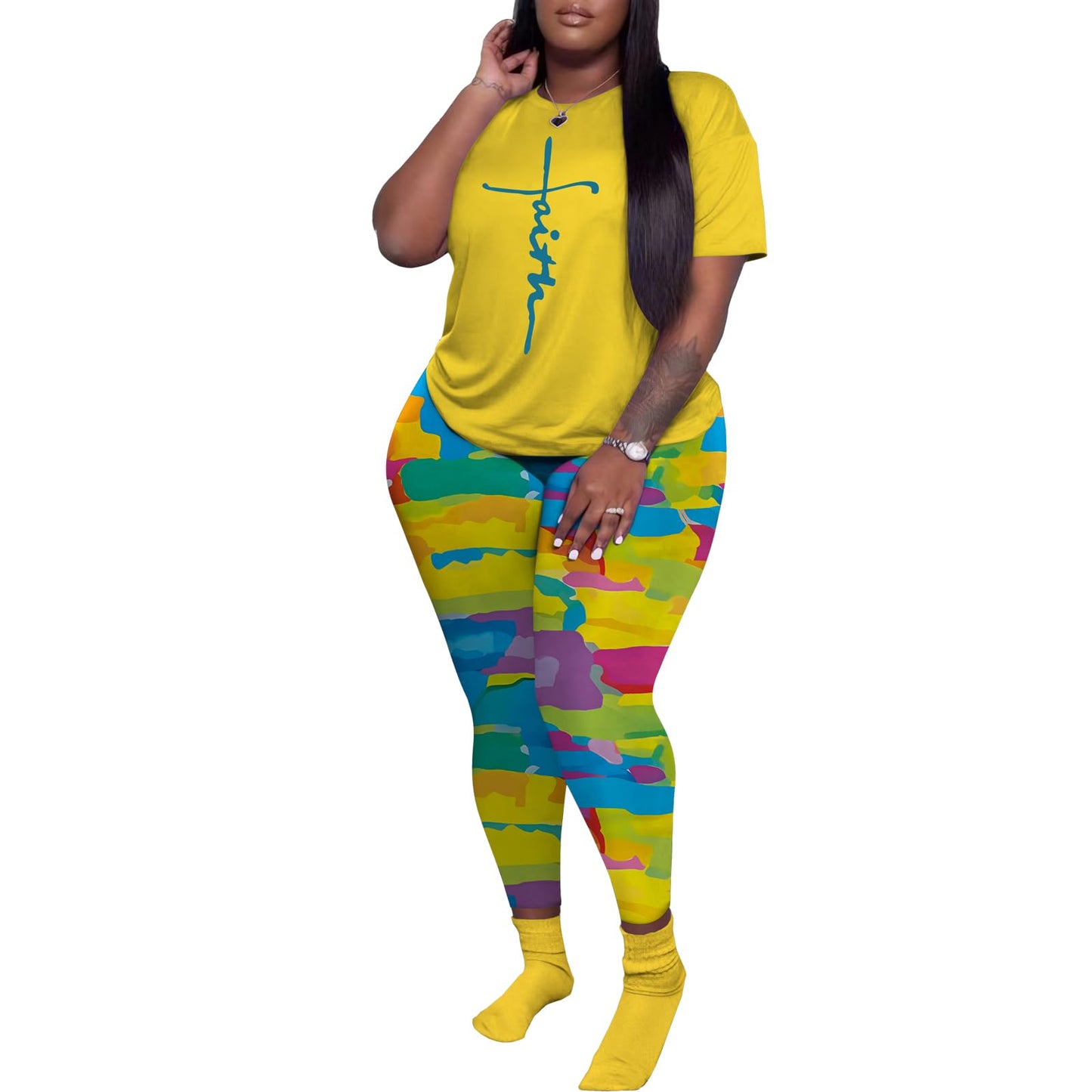 PINSV Women's Plus Size 2 Piece Outfits Tracksuits Short Sleeve Top Pants Sets Sweatsuits