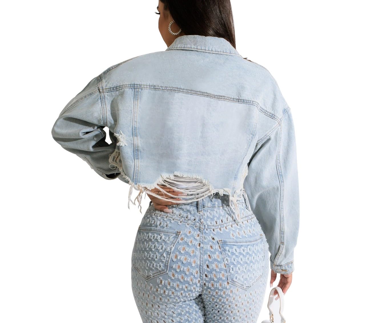 HTD Women's Cropped Jean Jacket Button Up Long Sleeve Ripped Distressed Denim Jacket Frayed Hem