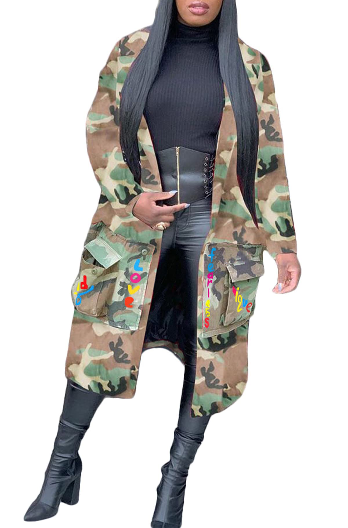Vakkest Camo Blazer Jacket for Women Lapel Long Sleeve Open Front Cardigan Coat Classic Pockets Overcoat Outwear