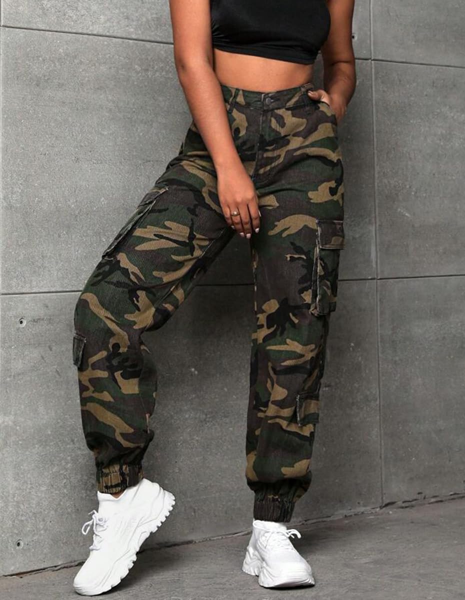 Women's Cargo Jogger Camo Pants with Pockets High Waist Slim Casual Tapered Camouflage Combat Hiking Pants