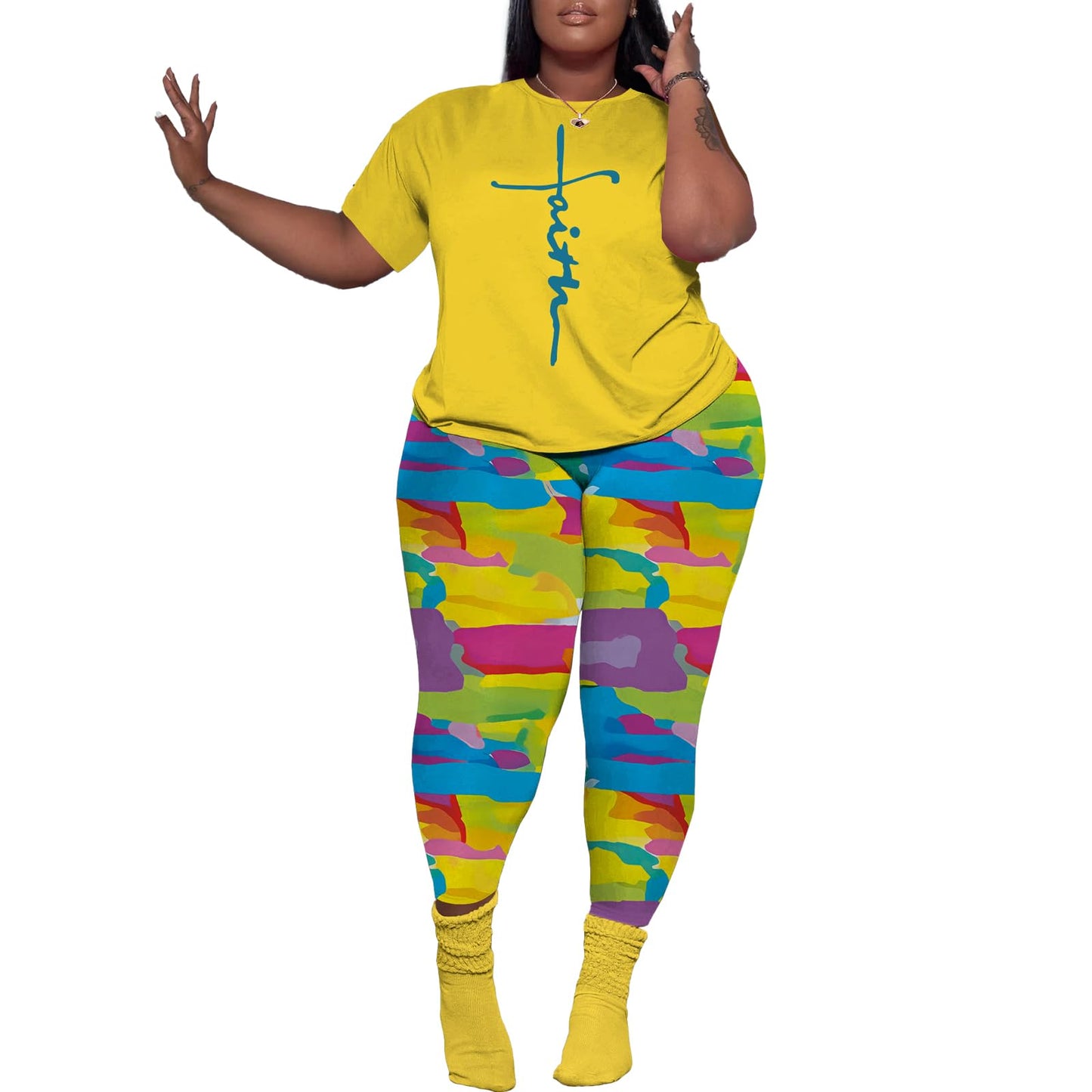 PINSV Women's Plus Size 2 Piece Outfits Tracksuits Short Sleeve Top Pants Sets Sweatsuits