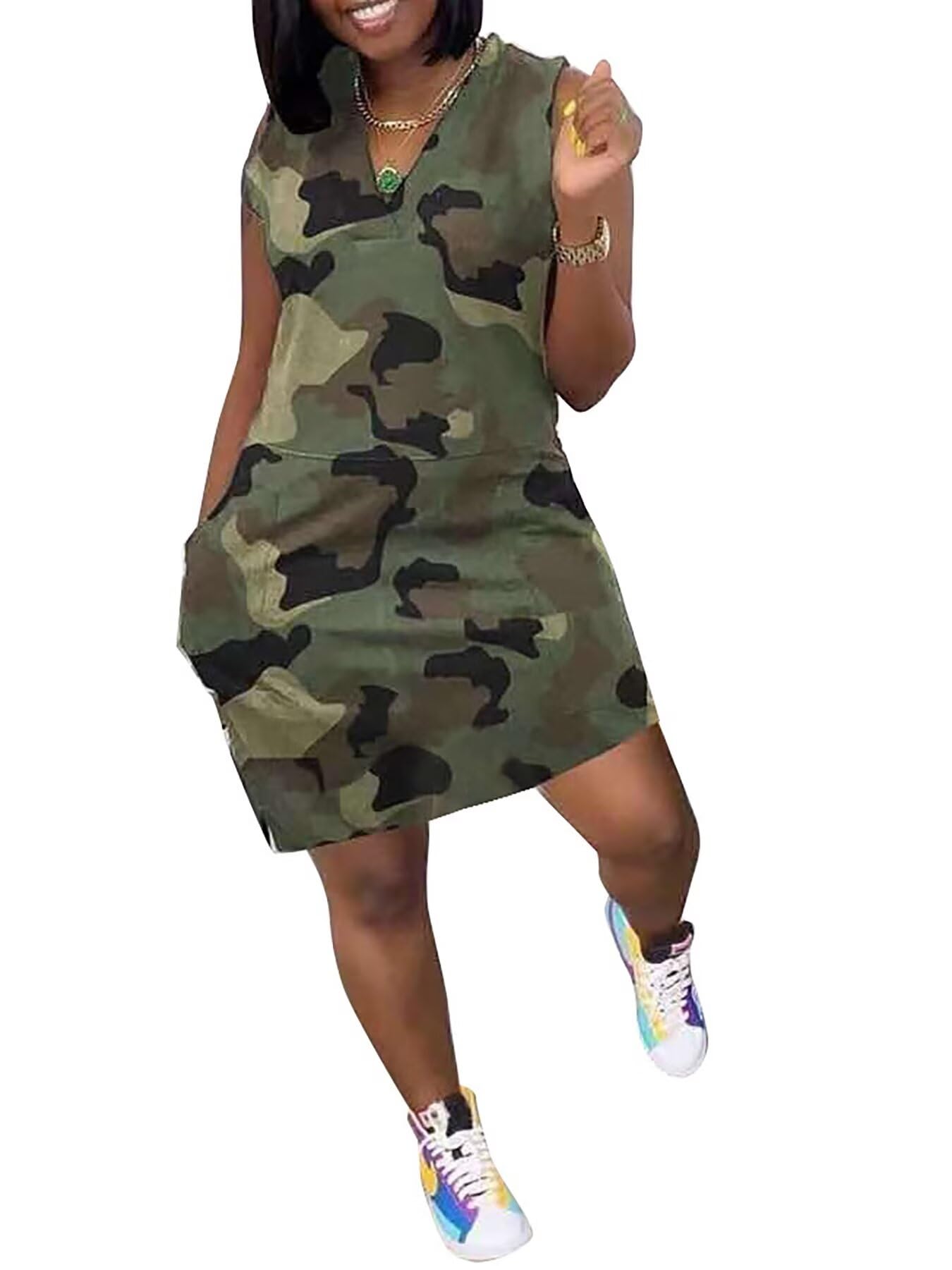 Camouflage Dress for Women Casual Sleeveless V Neck Sundress Cargo Mini Dresses with Pockets