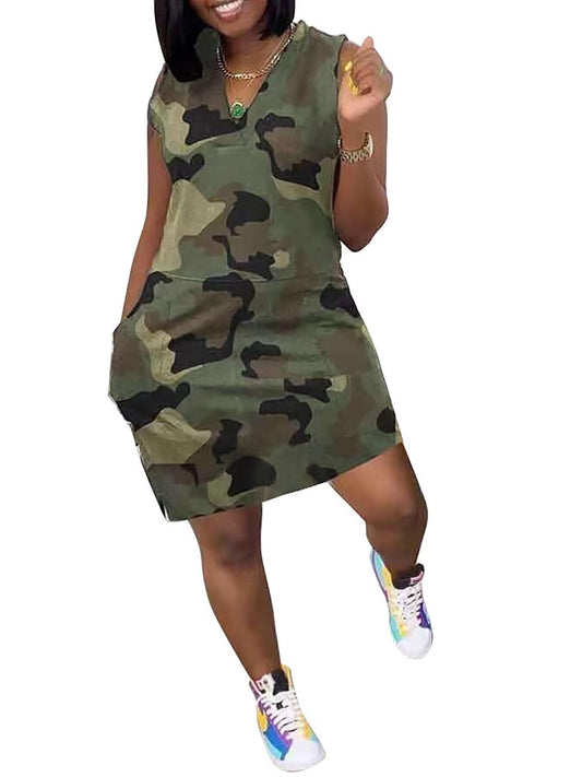 Camouflage Dress for Women Casual Sleeveless V Neck Sundress Cargo Mini Dresses with Pockets