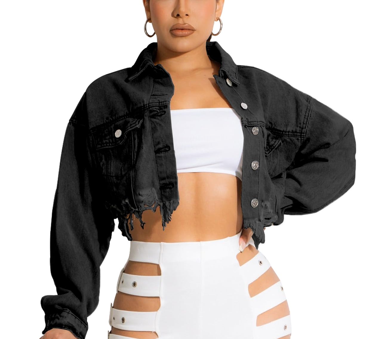 HTD Women's Cropped Jean Jacket Button Up Long Sleeve Ripped Distressed Denim Jacket Frayed Hem
