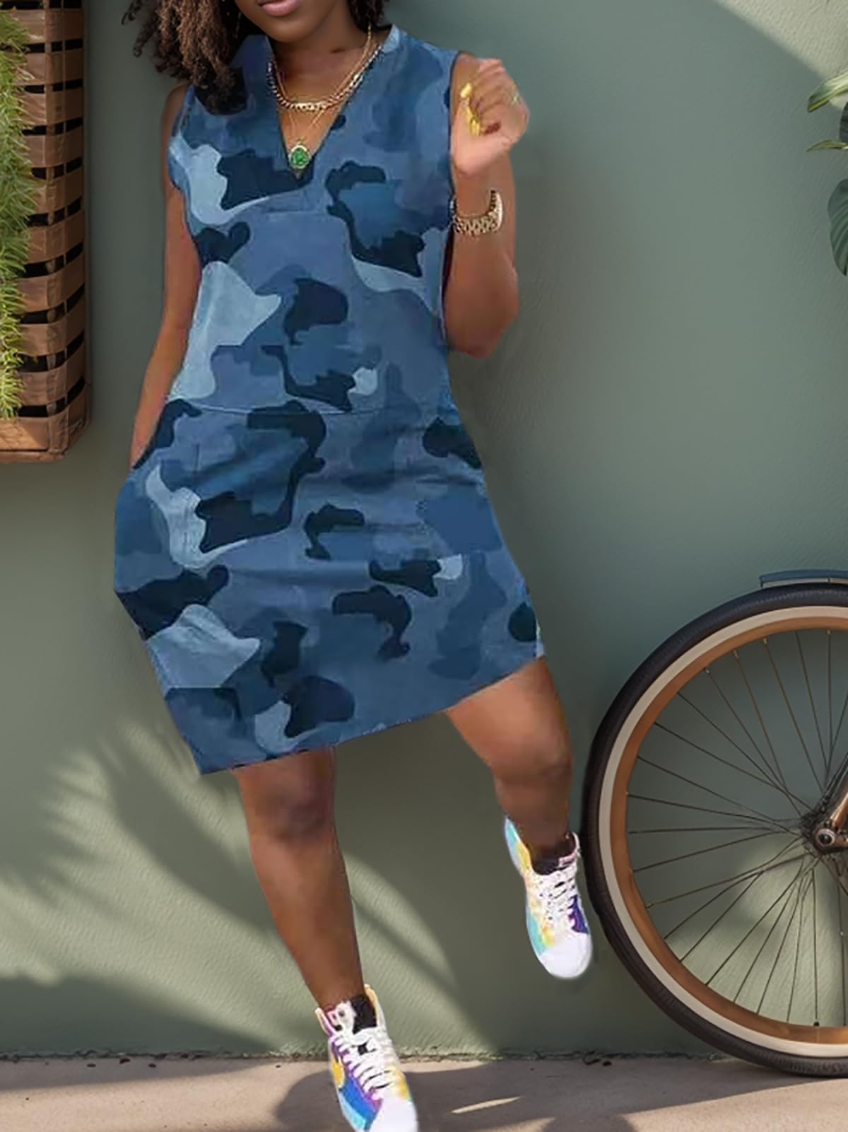Camouflage Dress for Women Casual Sleeveless V Neck Sundress Cargo Mini Dresses with Pockets