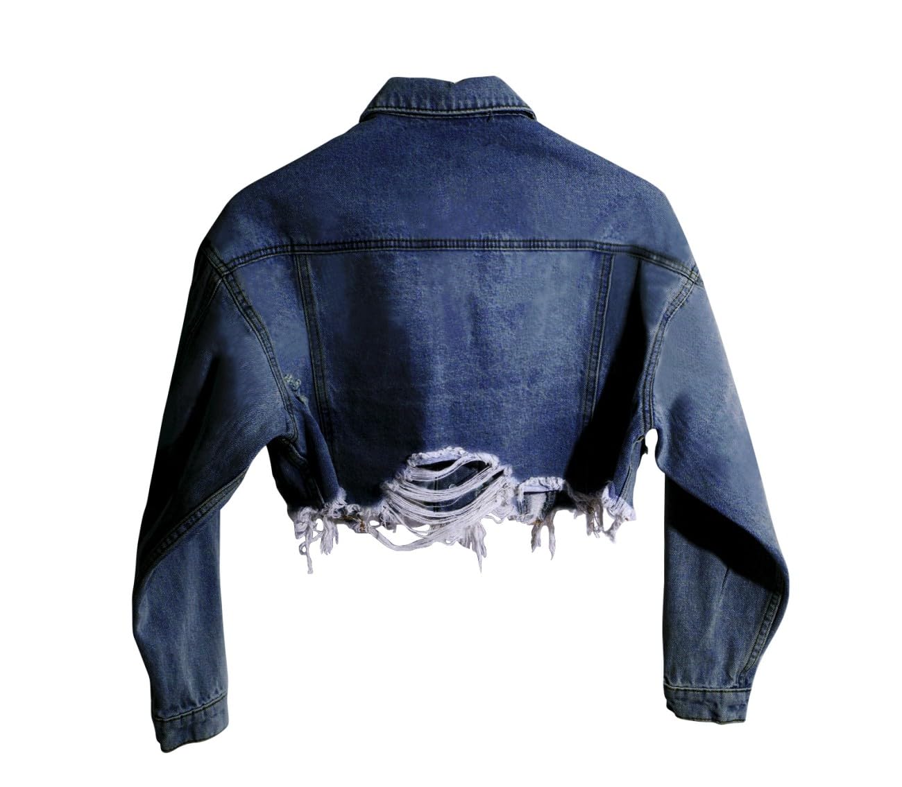 HTD Women's Cropped Jean Jacket Button Up Long Sleeve Ripped Distressed Denim Jacket Frayed Hem