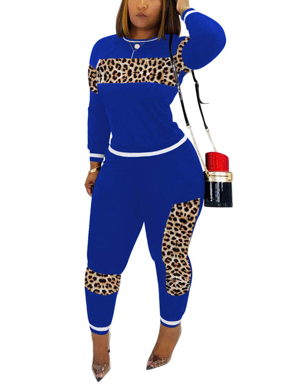 Alunzoem Womens Casual 2 Piece Outfits, Leopard Print Long Sleeve Top Pants Set Tracksuits