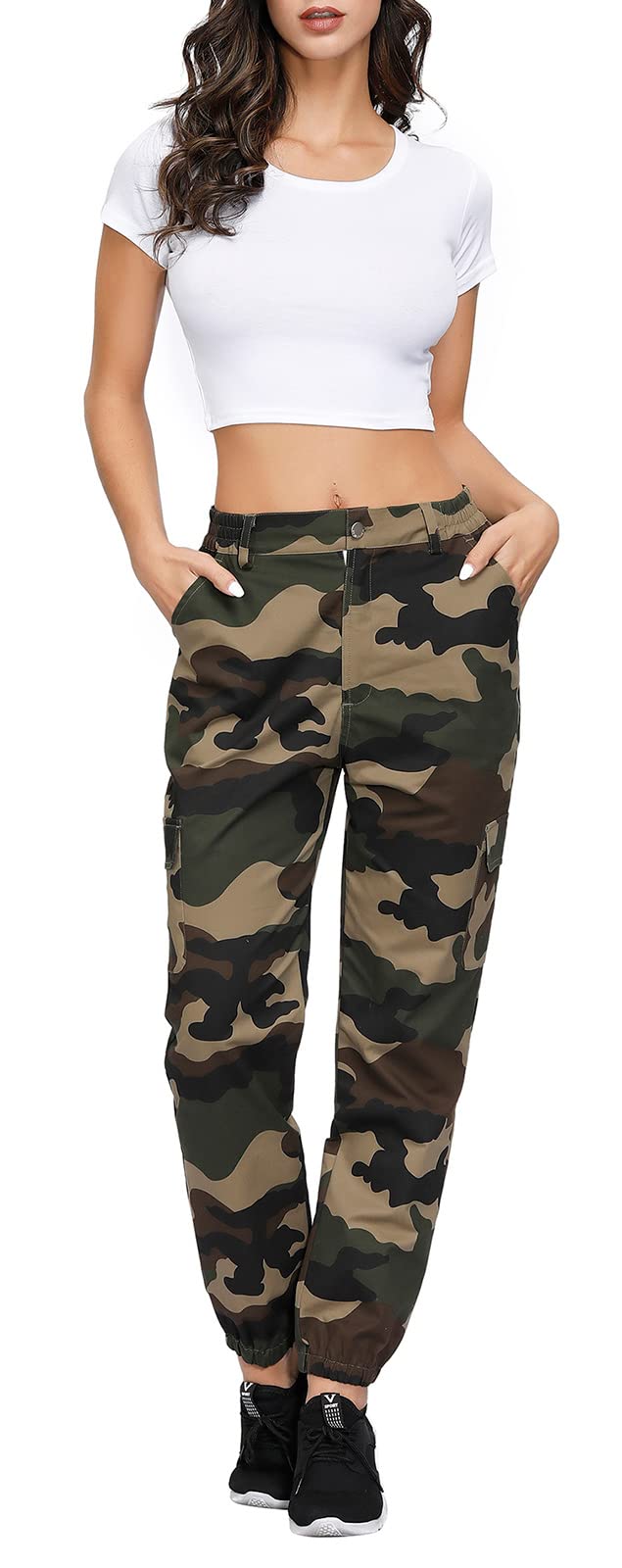 ZODLLS Women's Camo Pants Cargo Trousers Cool Camouflage Pants Elastic Waist Casual Multi Jogger Pants with Pocket