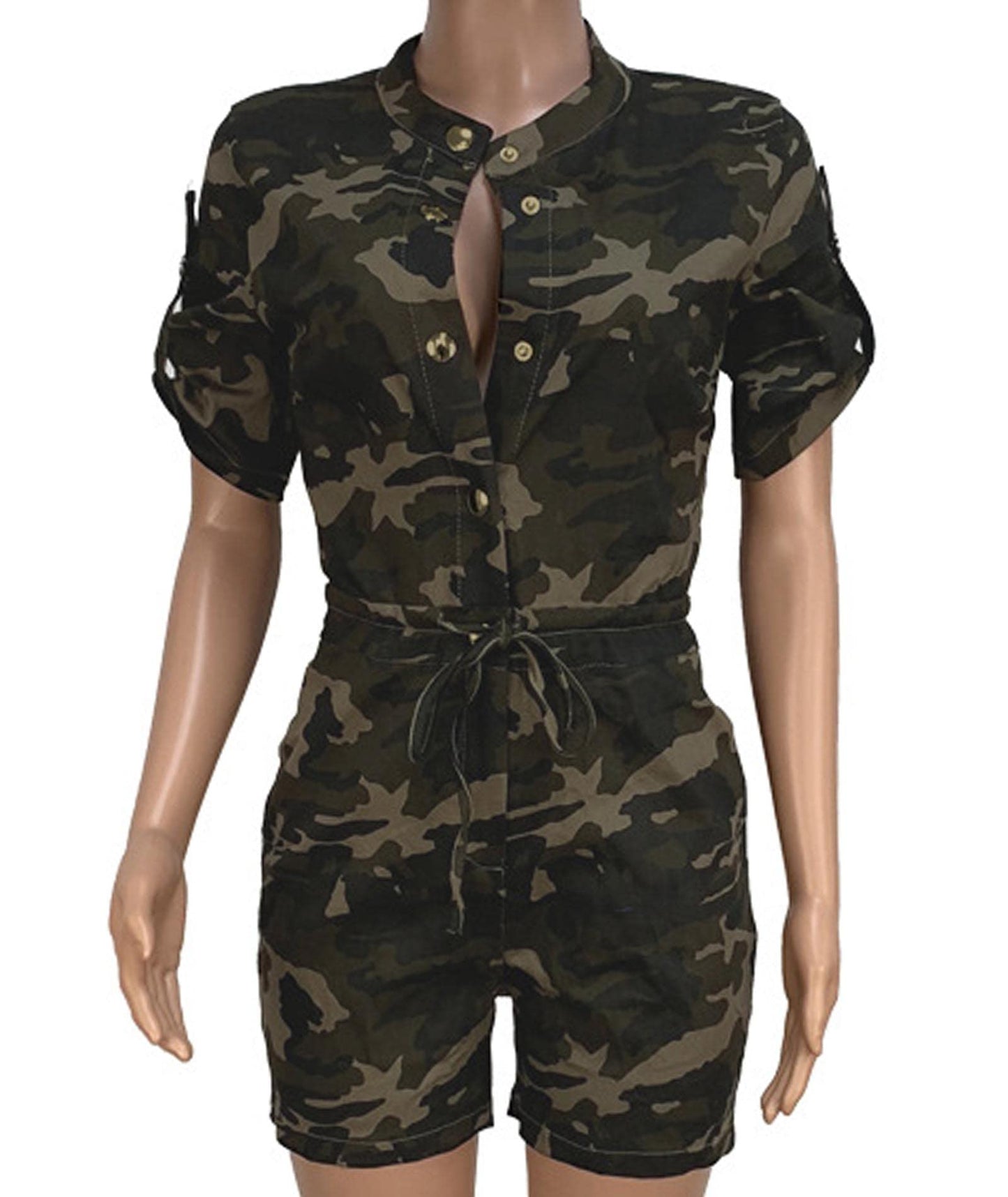 xxxiticat Women's Short Sleeve Military Playsuits High Waist Camo Button Down Rompers Camouflage One Piece Jumpsuit