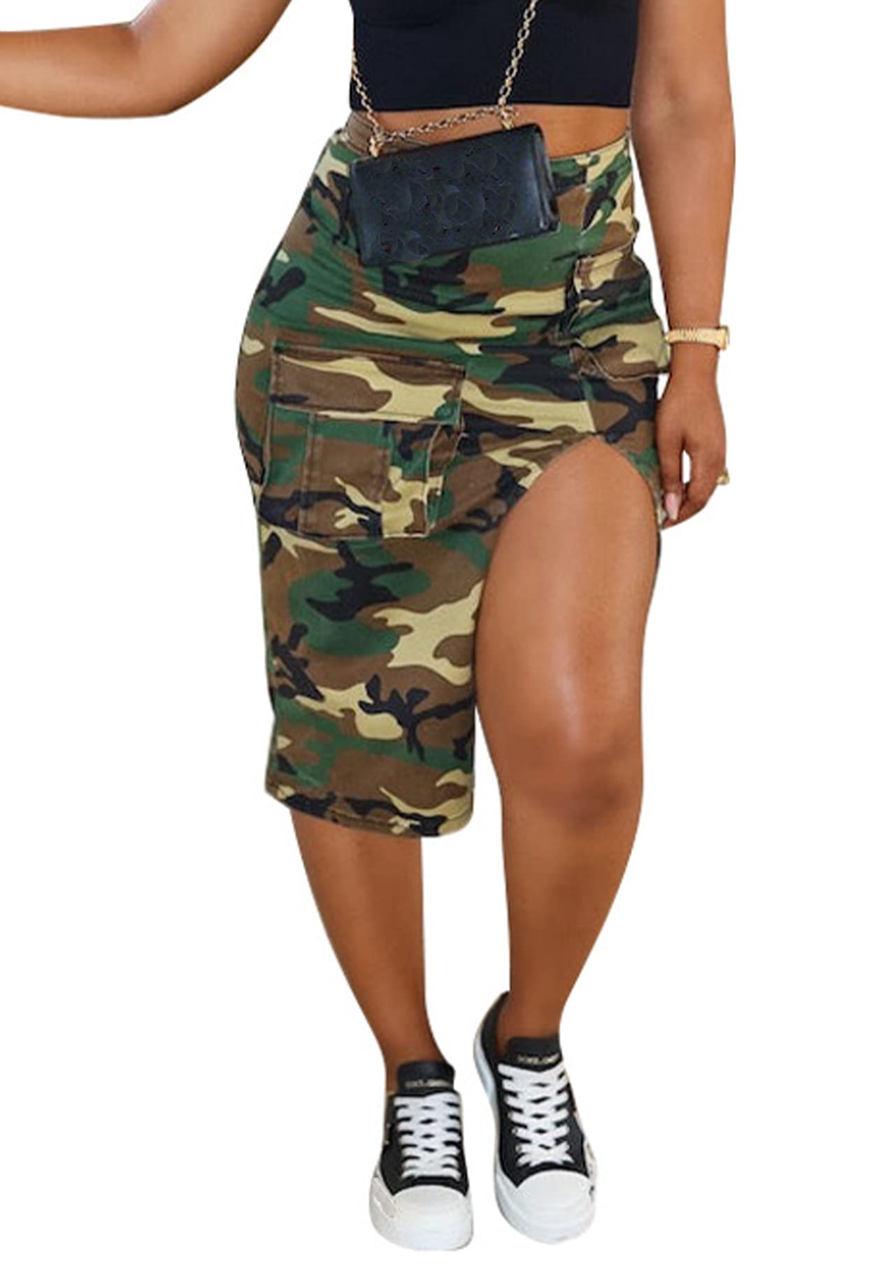 Vakkest Women's Camo Cargo Midi Skirt Elegant High Waist Vintage Dress Slit Front Ruffle Long Bodycon Maxi Skirts