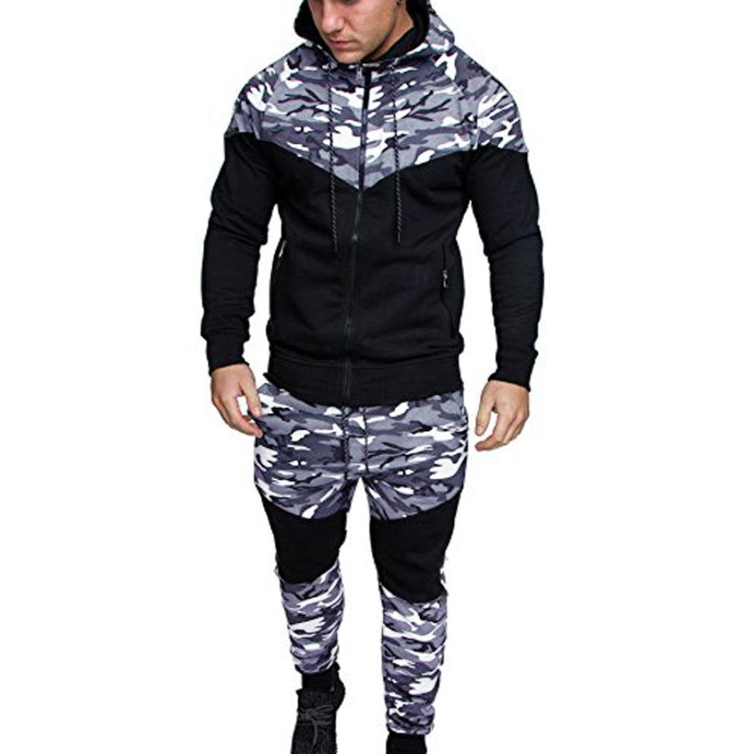 iQKA Men Camouflage Tracksuit Sport Suit Full Zipper Hoodie Fall Sweatshirt Pants Set