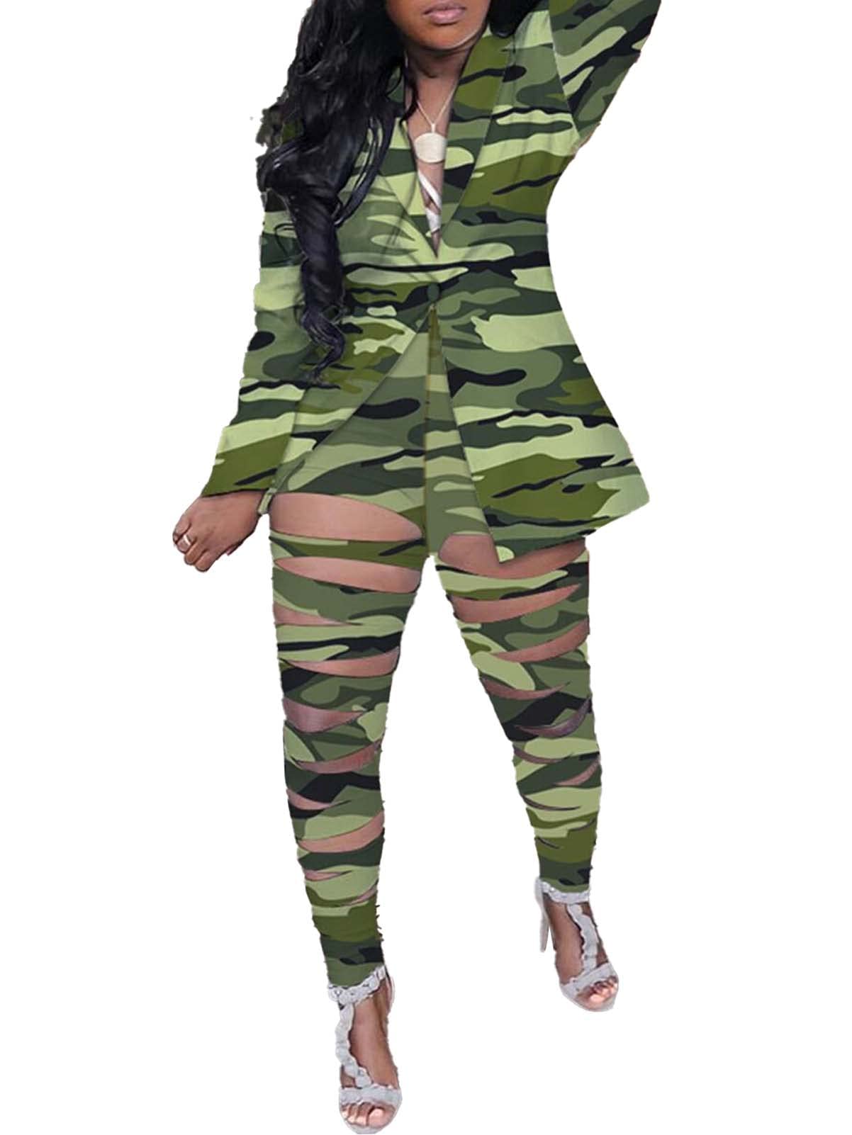 Lucuna Women's Sexy 2 Piece Club Outfits Open Front Blazer + Bodycon Pants Long Stockings Set