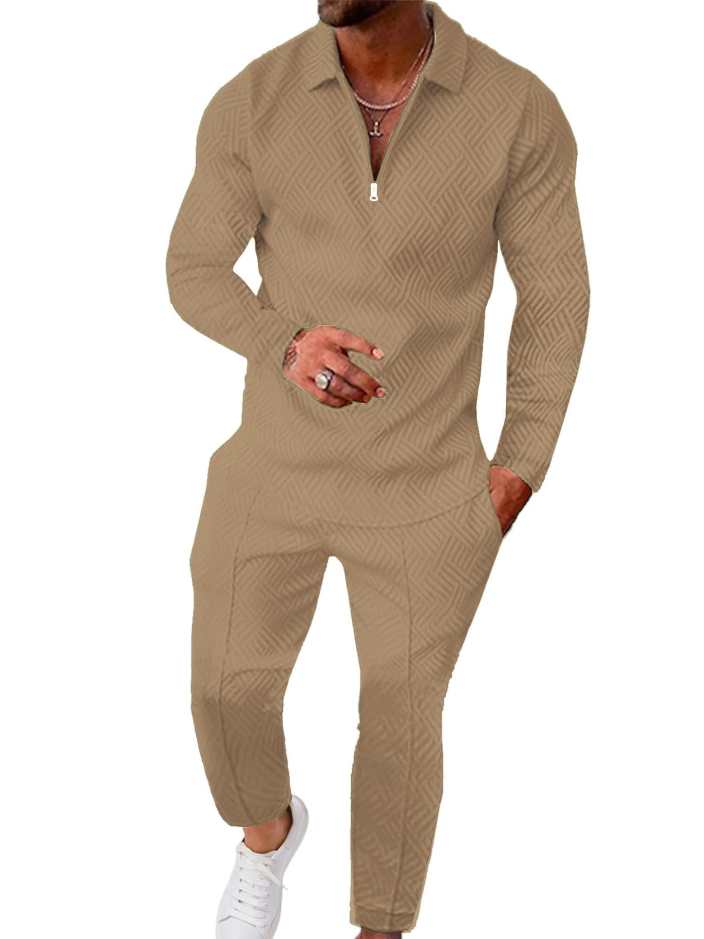 UOUA Mens 2 Piece Set Casual Outfits Polo Long Sleeve Shirt & Pants Track Suit Loungewear Athletic Sweatsuit