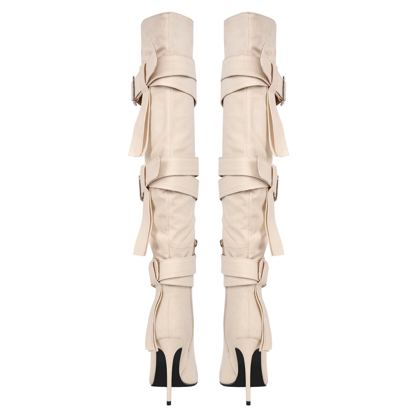 richealnini Women's Thigh High Boots with Straps Canvas Stiletto Heel Sexy Pointed Toe Party Riding Boots