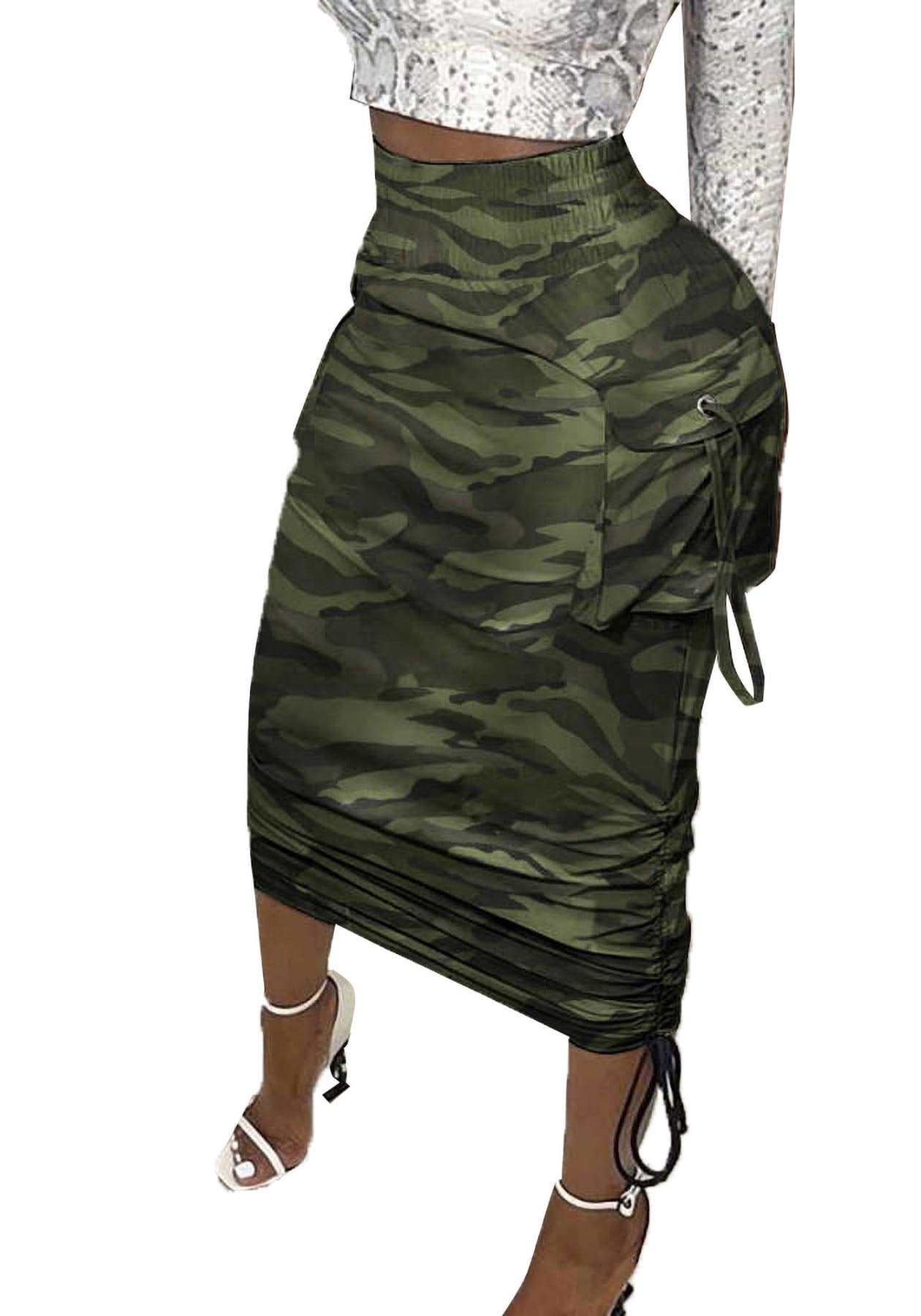 Vakkest Women's Camo Cargo Midi Skirt Elegant High Waist Vintage Dress Slit Front Ruffle Long Bodycon Maxi Skirts