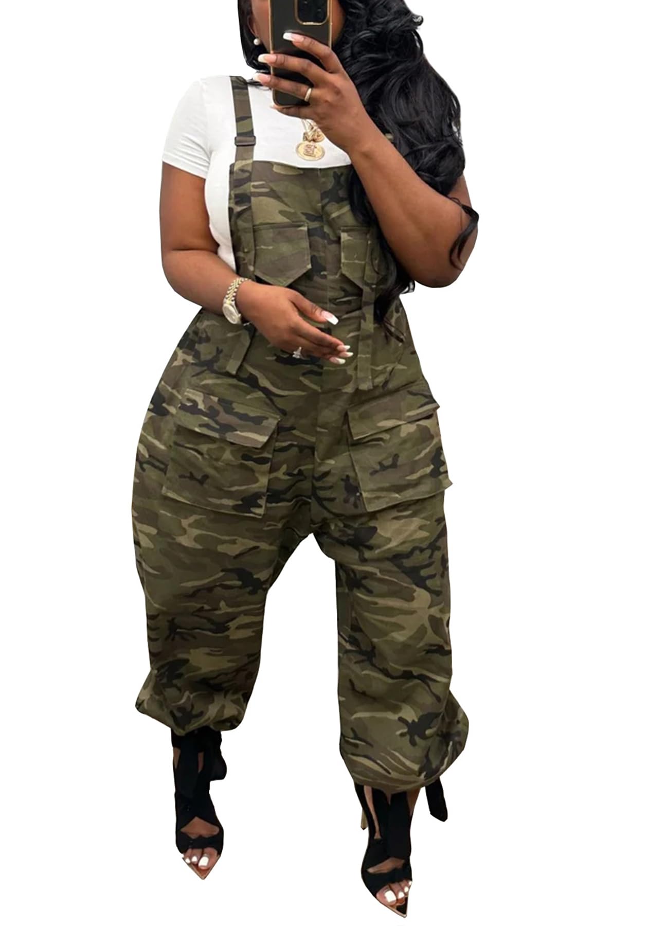 LETSVDO Women's Casual Camo Jumpsuit Cargo Demin Plus Size Camouflage Sleeveless Wide Leg Baggy Bib Jean Overalls Romper