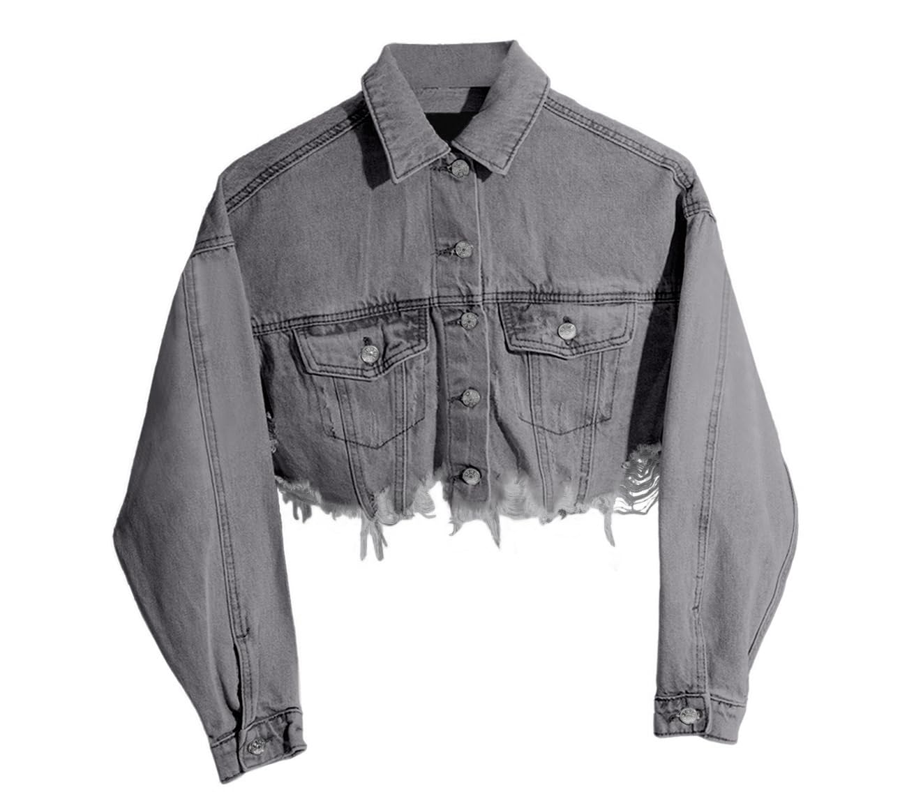 HTD Women's Cropped Jean Jacket Button Up Long Sleeve Ripped Distressed Denim Jacket Frayed Hem