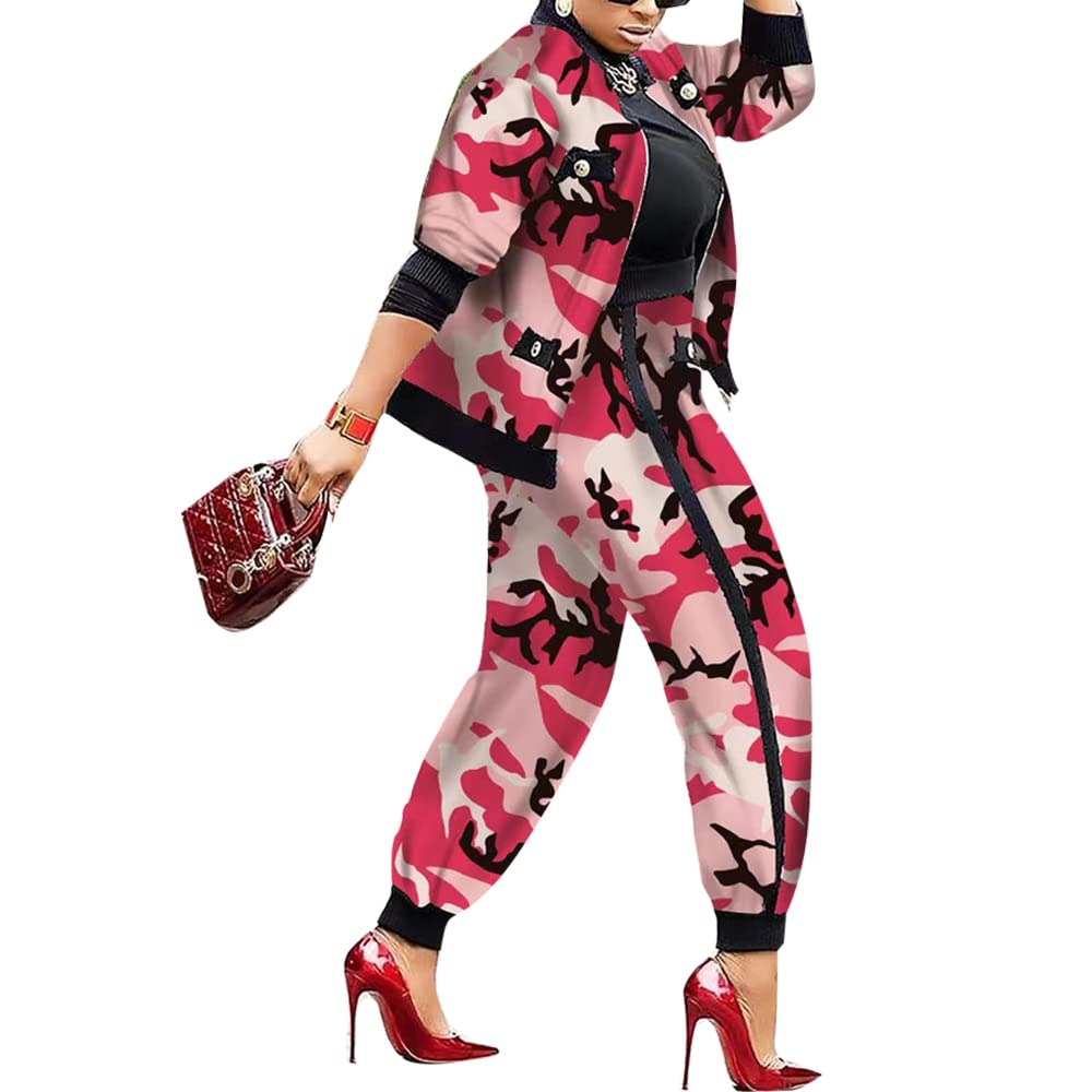 Sexyshine Women's Casual 2 Piece Camouflage Print Outfits Zip Up Long Sleeve Jacket Baggy Long Pants Work Set Tracksuit