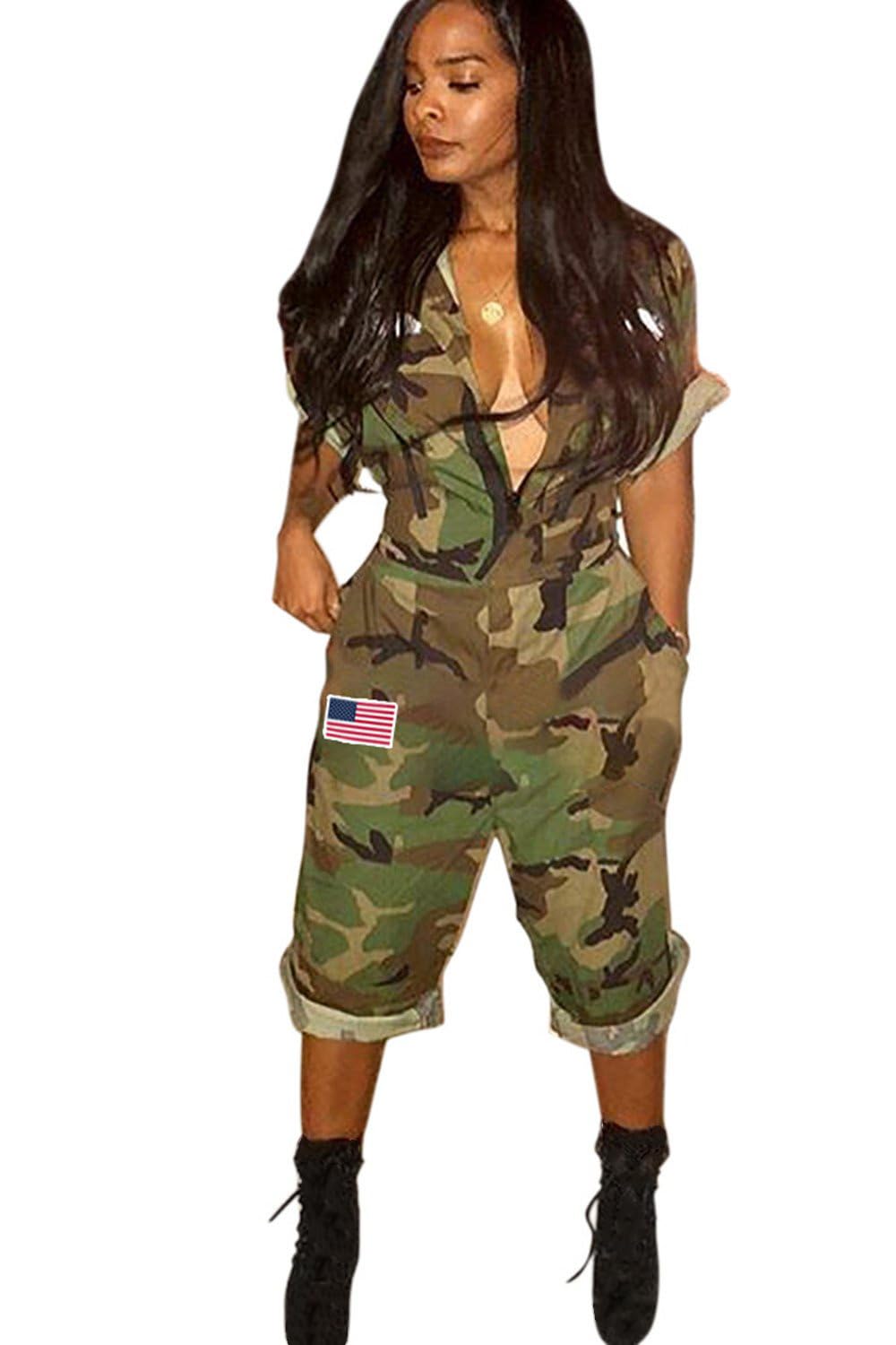 ReachMe Womens Short Sleeve Independence Day Camo Jumpsuit Shorts with Pockets