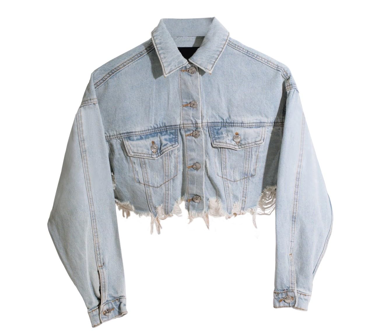 HTD Women's Cropped Jean Jacket Button Up Long Sleeve Ripped Distressed Denim Jacket Frayed Hem