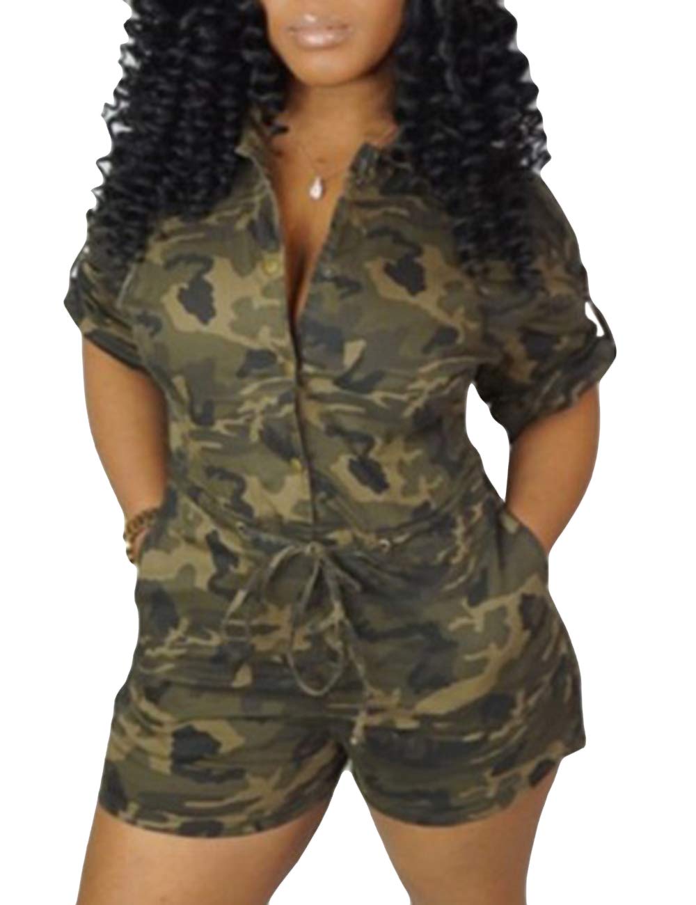 xxxiticat Women's Short Sleeve Military Playsuits High Waist Camo Button Down Rompers Camouflage One Piece Jumpsuit