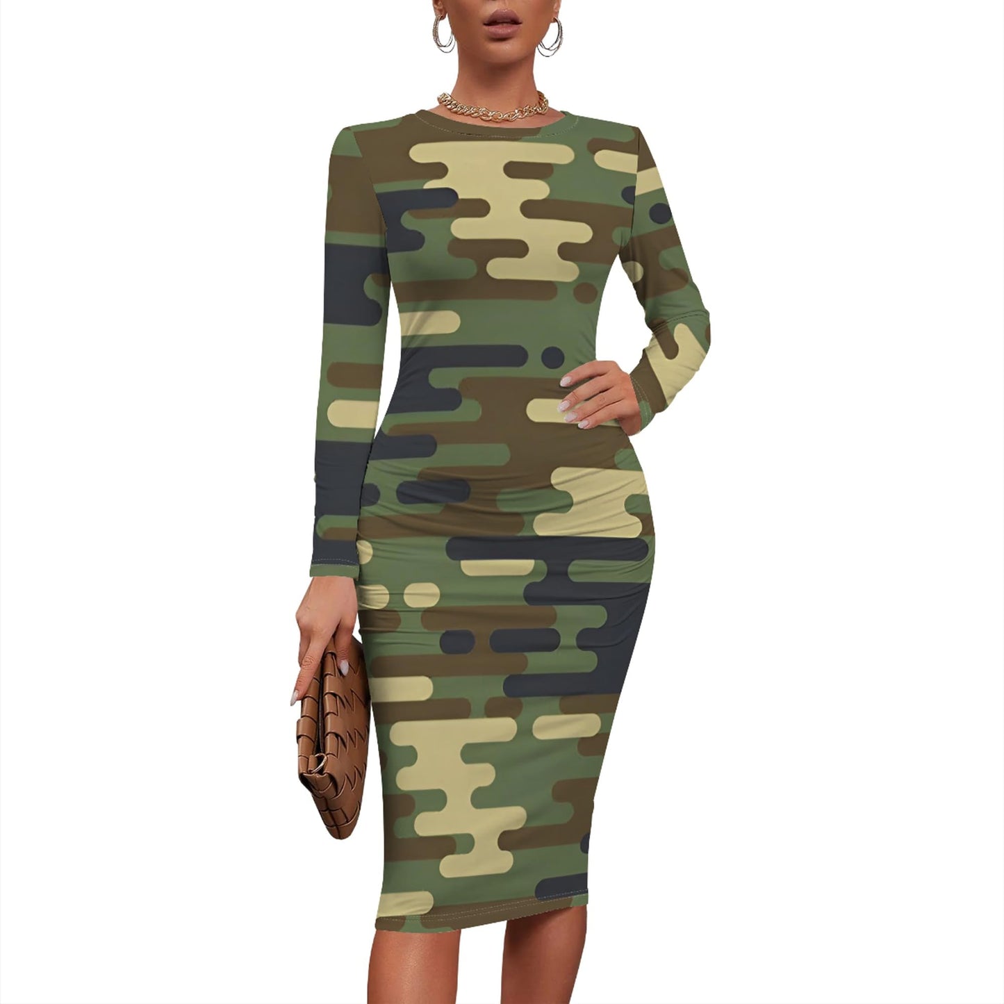 Women Sexy Long Sleeve Midi Dress Camouflage Print Dress Round Neck Sexy Curve Bodycon Dress Club Autumn Casual Wear