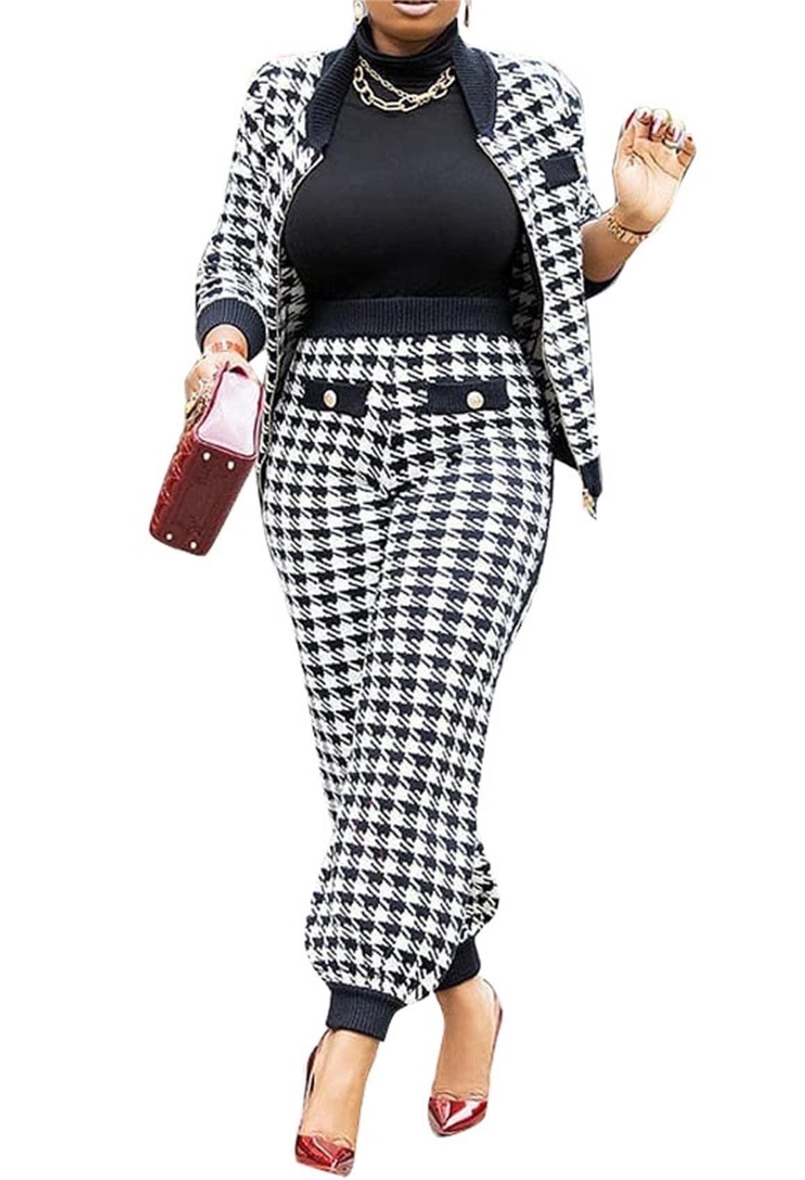 Lucuna Women's Sexy 2 Piece Club Outfits Open Front Blazer + Bodycon Pants Long Stockings Set