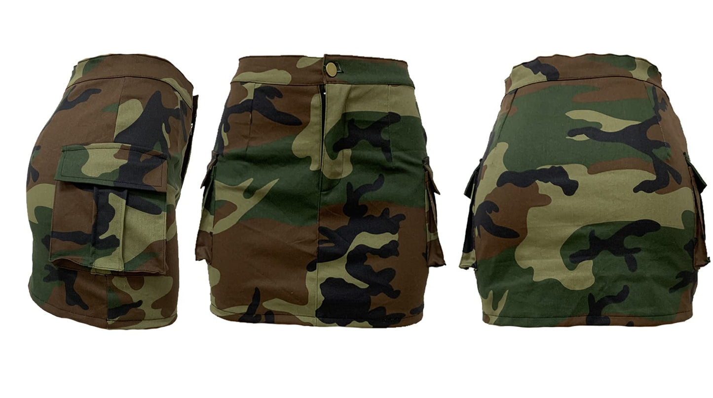 Vakkest Women's Camo Cargo Midi Skirt Elegant High Waist Vintage Dress Slit Front Ruffle Long Bodycon Maxi Skirts