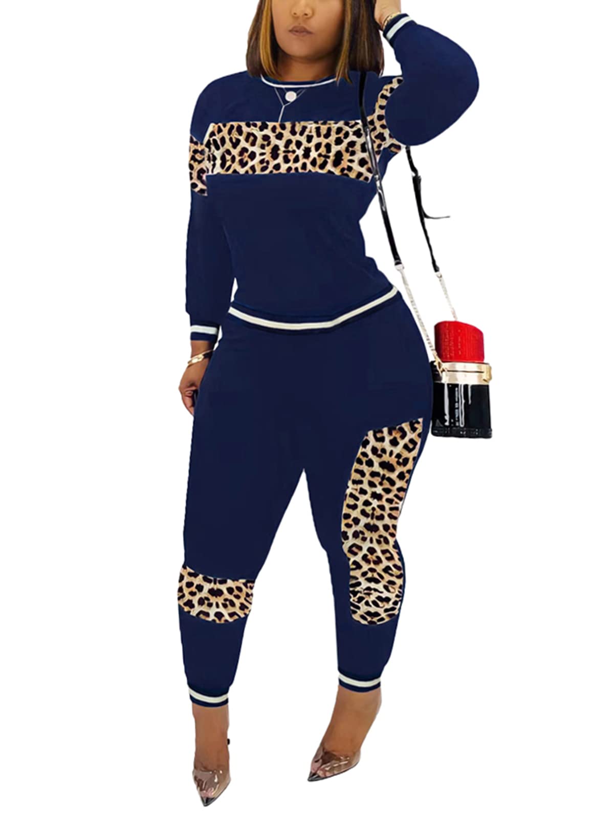 Alunzoem Womens Casual 2 Piece Outfits, Leopard Print Long Sleeve Top Pants Set Tracksuits