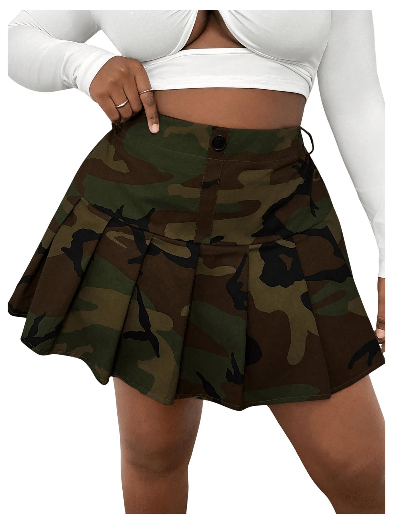 Floerns Women's Plus Size Camo Print Skirt Elastic Waist Pleated Hem Short Skirt