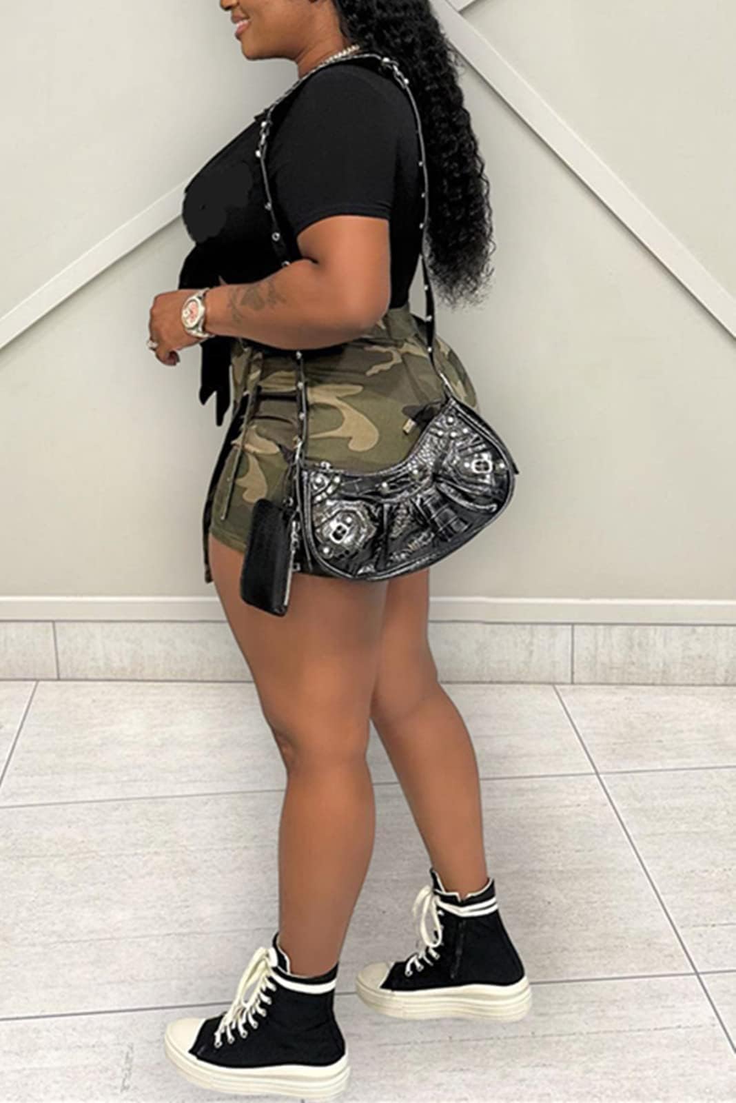 HuiSiFang Womens Camo Cargo Shorts Elastic High Waist Loose Fit Casual Shorts with Pockets