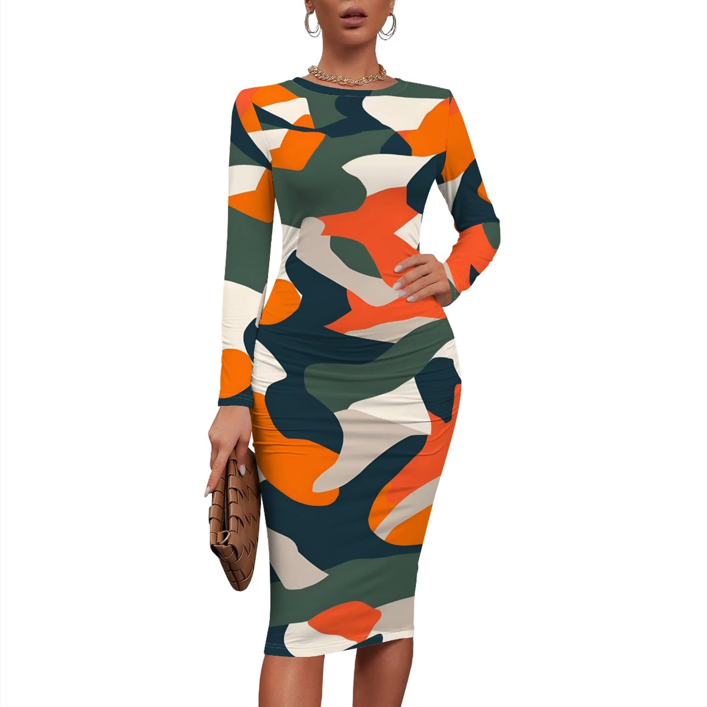 Women Sexy Long Sleeve Midi Dress Camouflage Print Dress Round Neck Sexy Curve Bodycon Dress Club Autumn Casual Wear