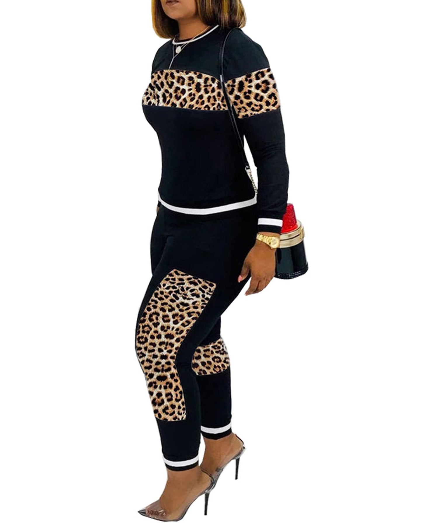 Alunzoem Womens Casual 2 Piece Outfits, Leopard Print Long Sleeve Top Pants Set Tracksuits