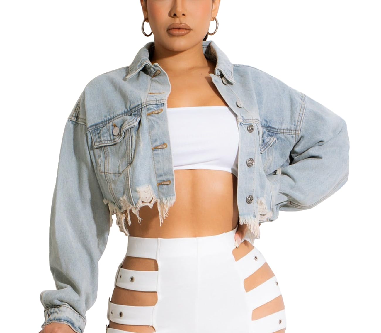 HTD Women's Cropped Jean Jacket Button Up Long Sleeve Ripped Distressed Denim Jacket Frayed Hem