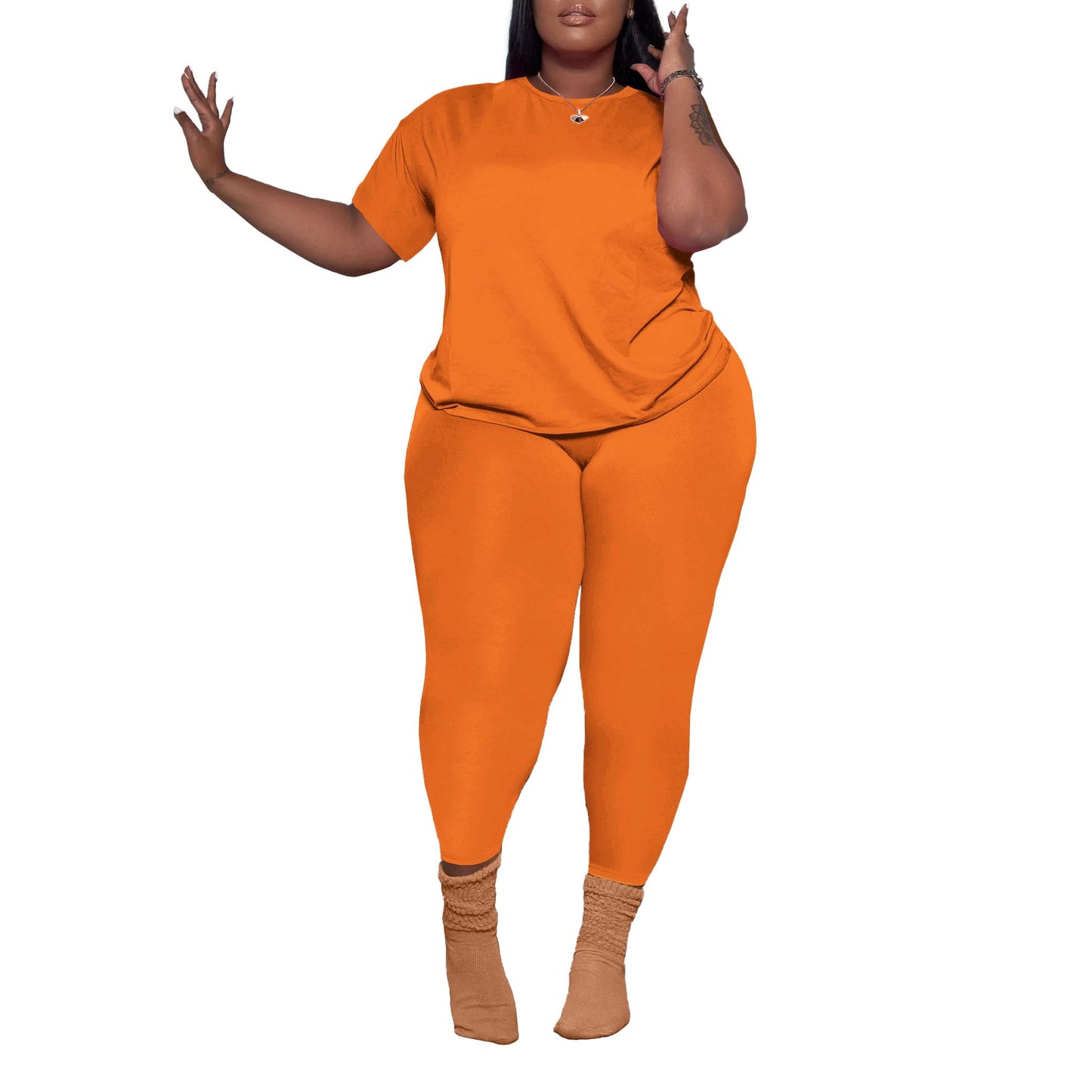 PINSV Women's Plus Size 2 Piece Outfits Tracksuits Short Sleeve Top Pants Sets Sweatsuits