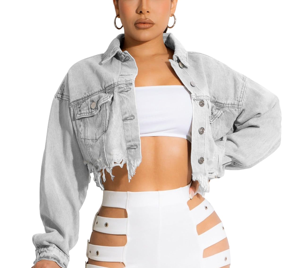 HTD Women's Cropped Jean Jacket Button Up Long Sleeve Ripped Distressed Denim Jacket Frayed Hem