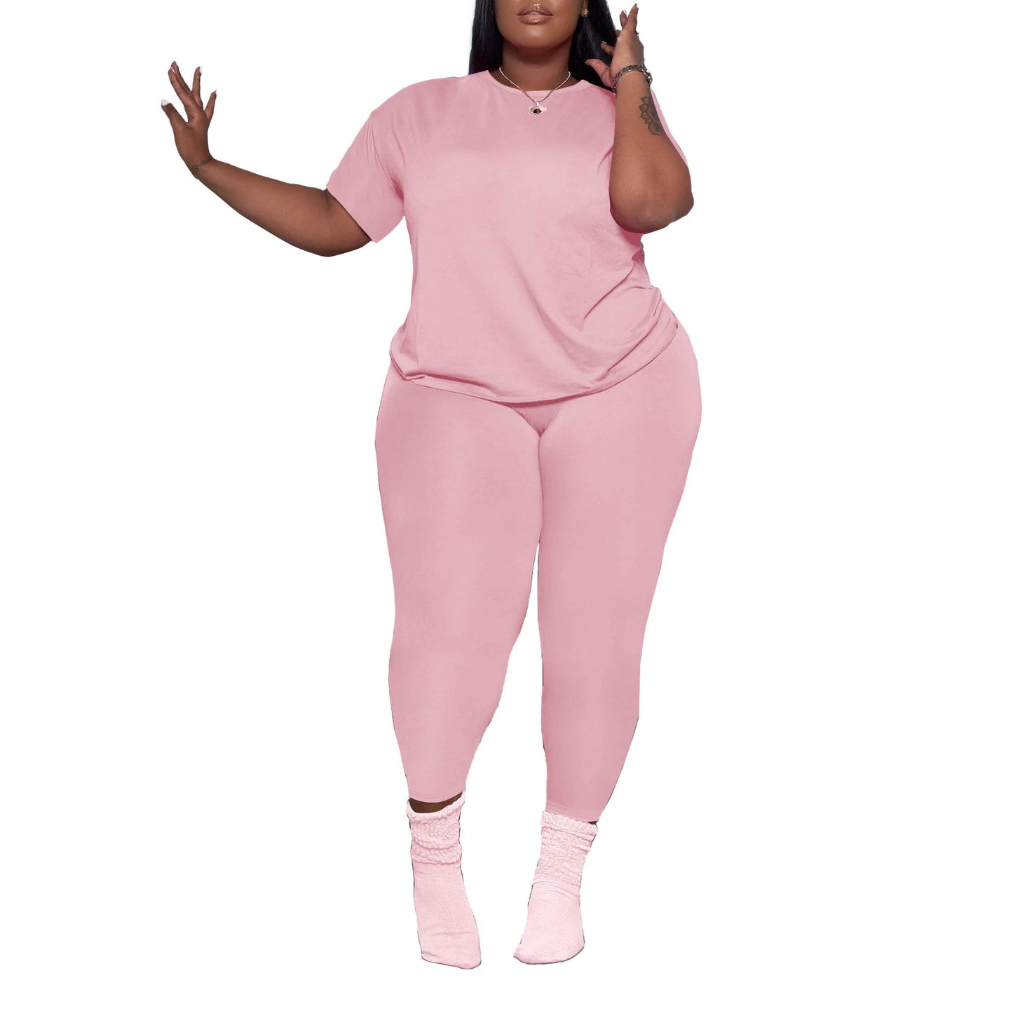 PINSV Women's Plus Size 2 Piece Outfits Tracksuits Short Sleeve Top Pants Sets Sweatsuits