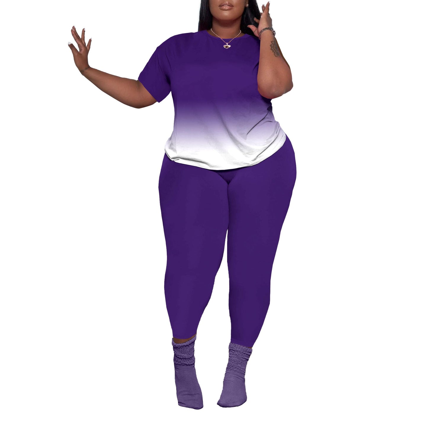 PINSV Women's Plus Size 2 Piece Outfits Tracksuits Short Sleeve Top Pants Sets Sweatsuits