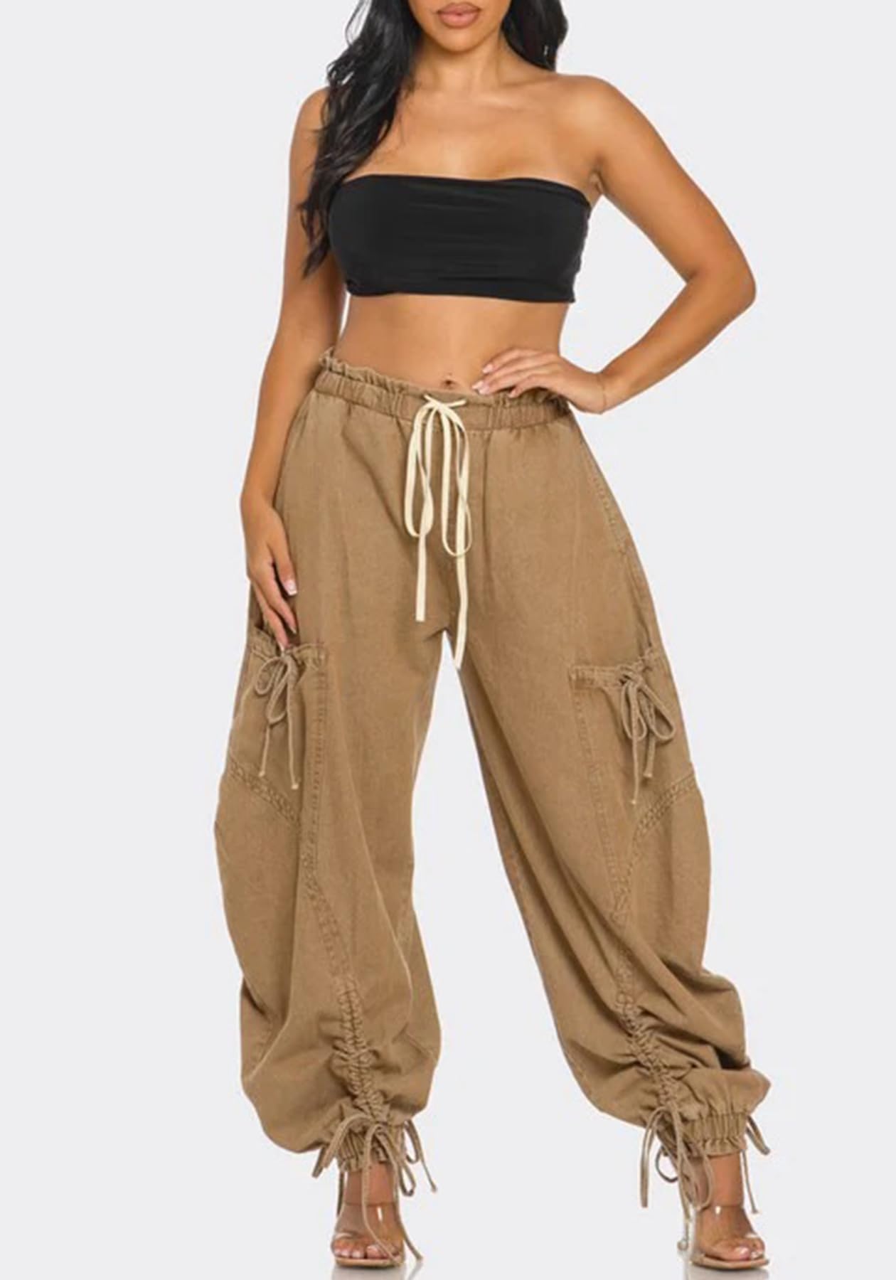 Women's Baggy Cargo Jogger Jeans Barrel High Waisted Wide Leg Drawstring Y2K Loose Harem Denim Pants with Pockets