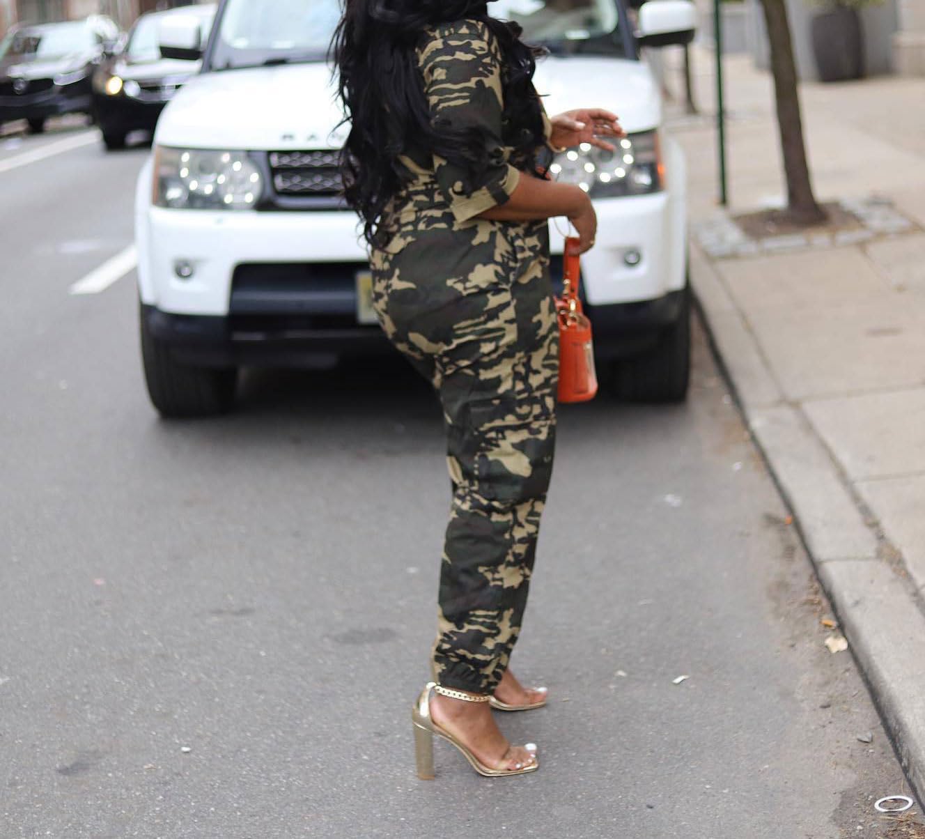 Women Casual Long Jumpsuits Camouflage Drawstring Waist One-Piece Camo Rompers with Pockets Sweatsuit Work Out Sets