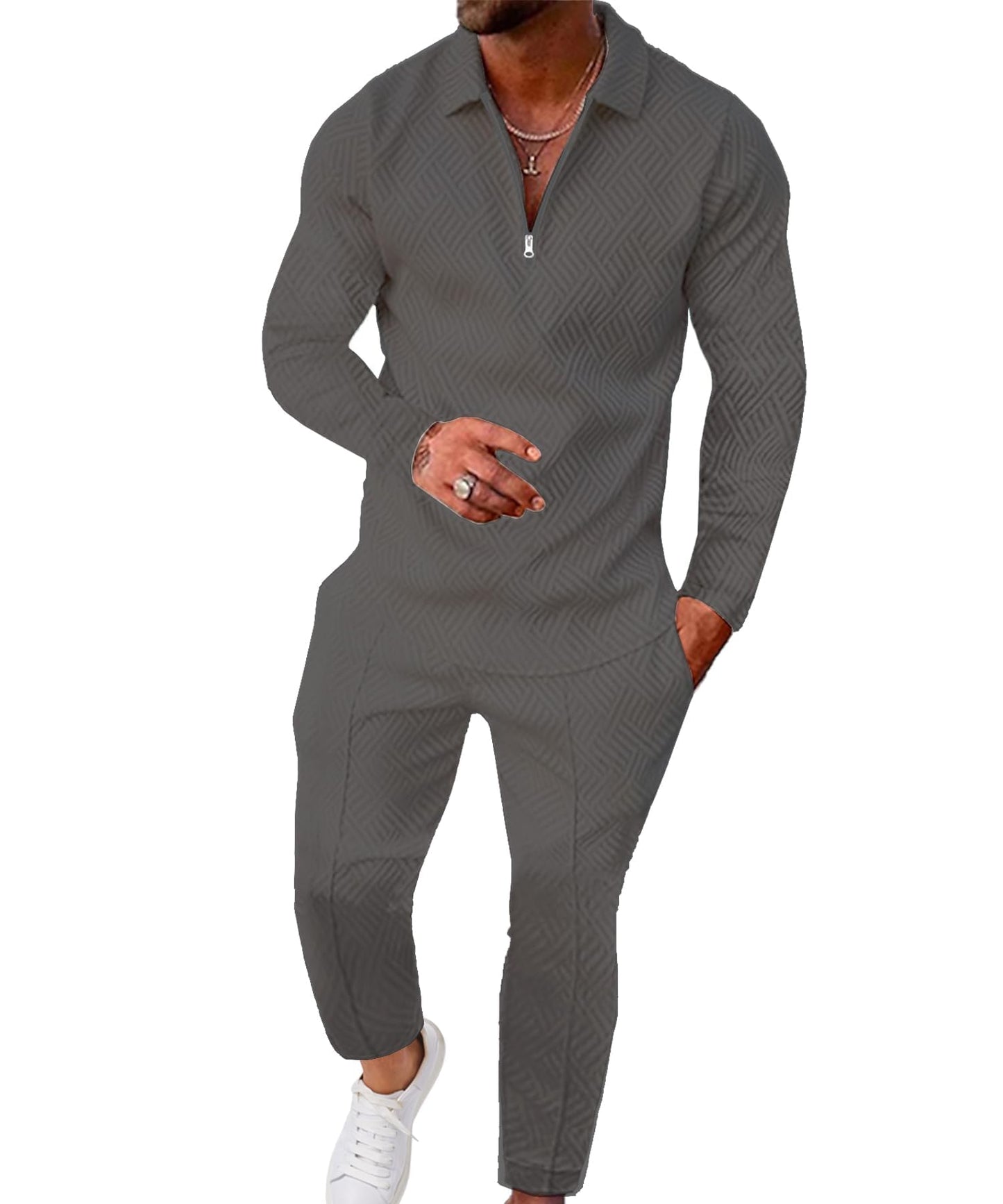 UOUA Mens 2 Piece Set Casual Outfits Polo Long Sleeve Shirt & Pants Track Suit Loungewear Athletic Sweatsuit