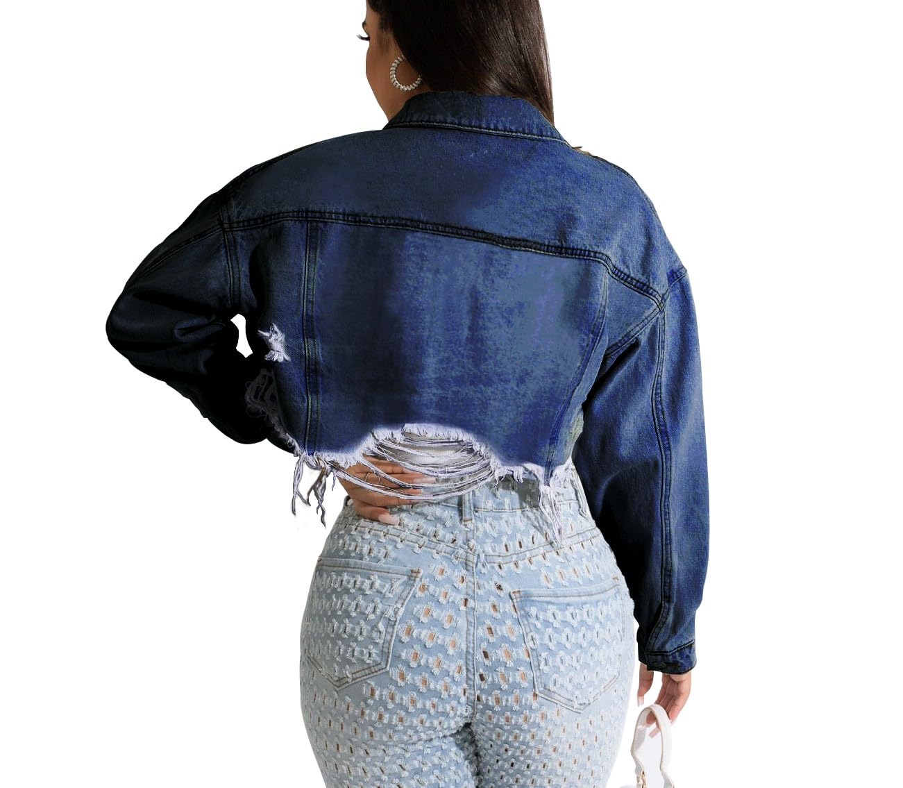 HTD Women's Cropped Jean Jacket Button Up Long Sleeve Ripped Distressed Denim Jacket Frayed Hem