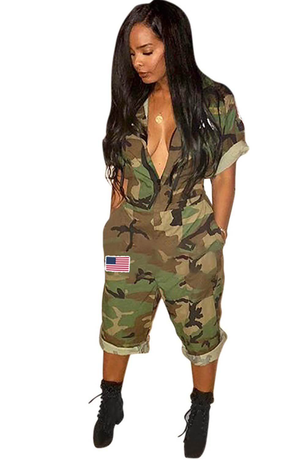 ReachMe Womens Short Sleeve Independence Day Camo Jumpsuit Shorts with Pockets