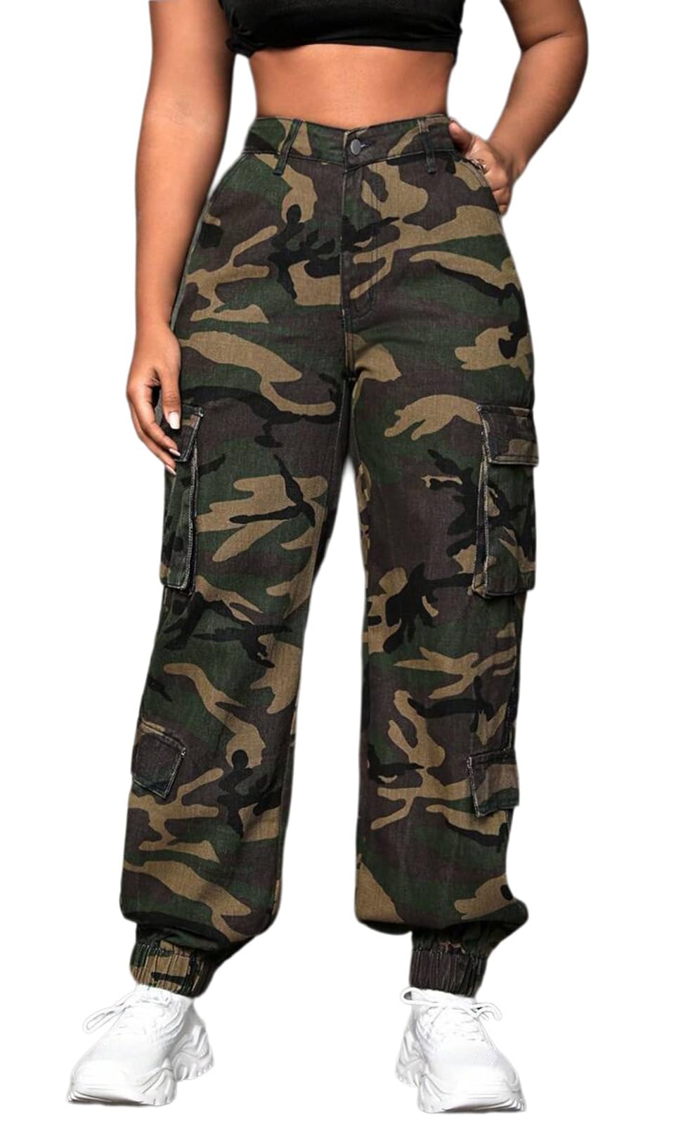 Women's Cargo Jogger Camo Pants with Pockets High Waist Slim Casual Tapered Camouflage Combat Hiking Pants
