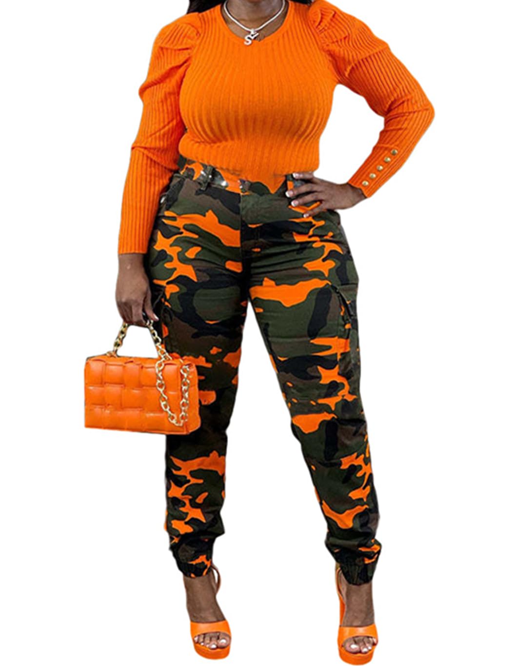 Woman's Casual Camouflage Camo Cargo Long Pants with Pockets