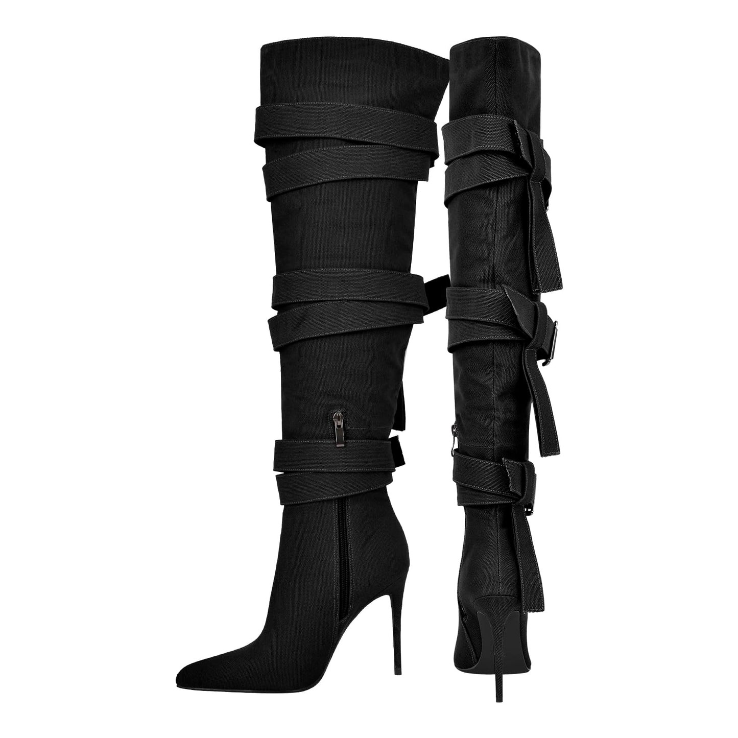 richealnini Women's Thigh High Boots with Straps Canvas Stiletto Heel Sexy Pointed Toe Party Riding Boots