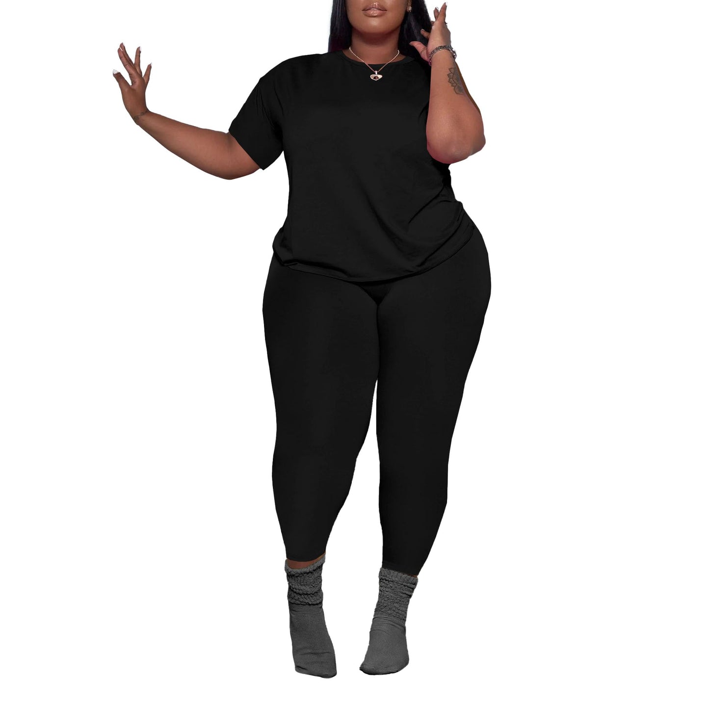 PINSV Women's Plus Size 2 Piece Outfits Tracksuits Short Sleeve Top Pants Sets Sweatsuits