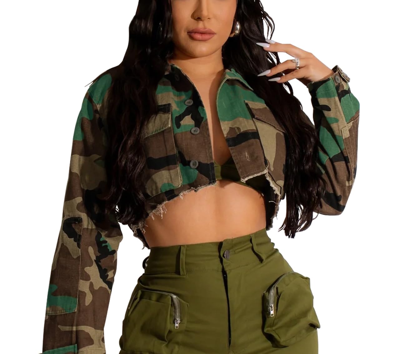 HTD Women's Cropped Jean Jacket Button Up Long Sleeve Ripped Distressed Denim Jacket Frayed Hem